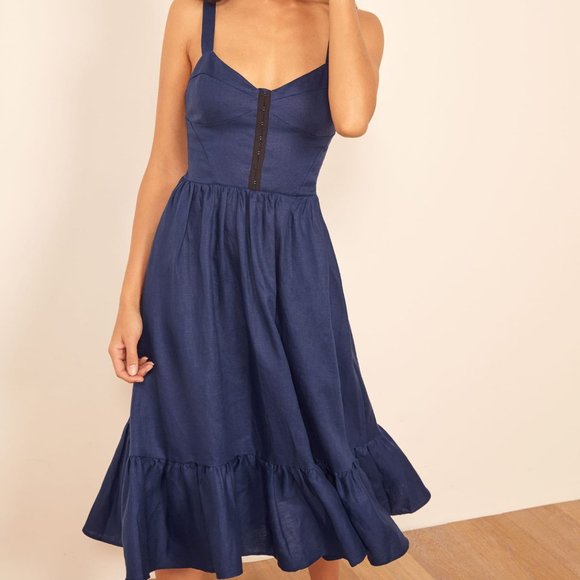Reformation Dolci Linen Dress Navy 0 - Picture 2 of 4